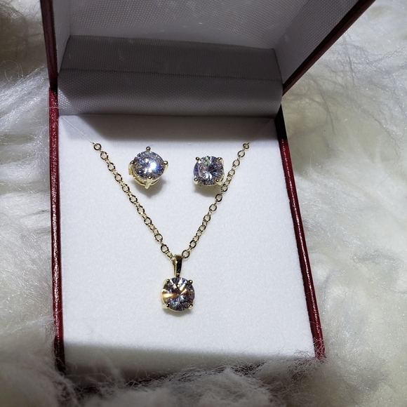 NEW 14K Gold Vermeil Diamond Sim Necklace Earring Set Statement Classic Luxury - Picture 2 of 9